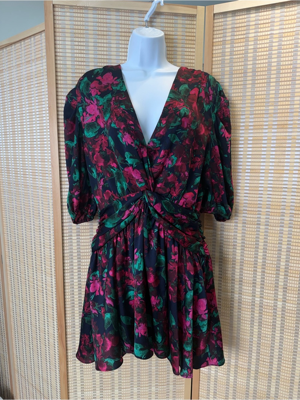 Misa Los Angeles Floral Mini Dress in Black, Pink & Green
